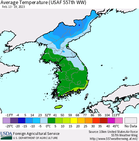Korea Average Temperature (USAF 557th WW) Thematic Map For 2/13/2023 - 2/19/2023