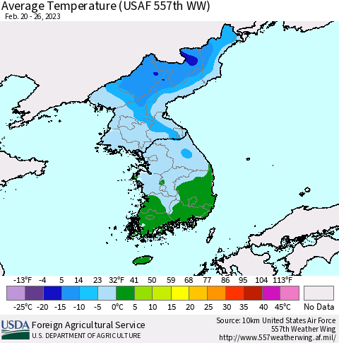 Korea Average Temperature (USAF 557th WW) Thematic Map For 2/20/2023 - 2/26/2023