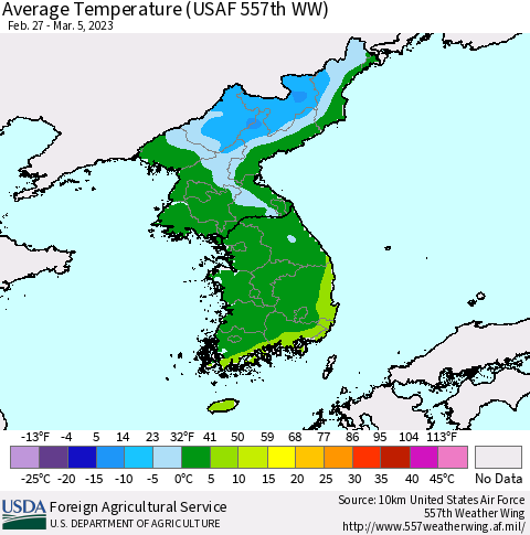 Korea Average Temperature (USAF 557th WW) Thematic Map For 2/27/2023 - 3/5/2023
