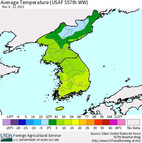 Korea Average Temperature (USAF 557th WW) Thematic Map For 3/6/2023 - 3/12/2023