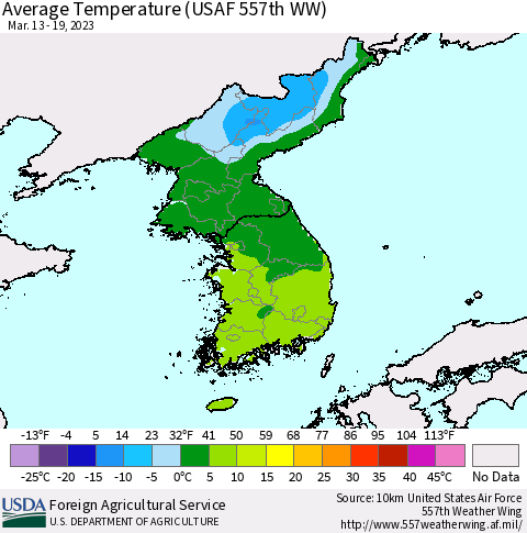 Korea Average Temperature (USAF 557th WW) Thematic Map For 3/13/2023 - 3/19/2023