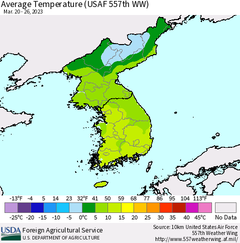 Korea Average Temperature (USAF 557th WW) Thematic Map For 3/20/2023 - 3/26/2023