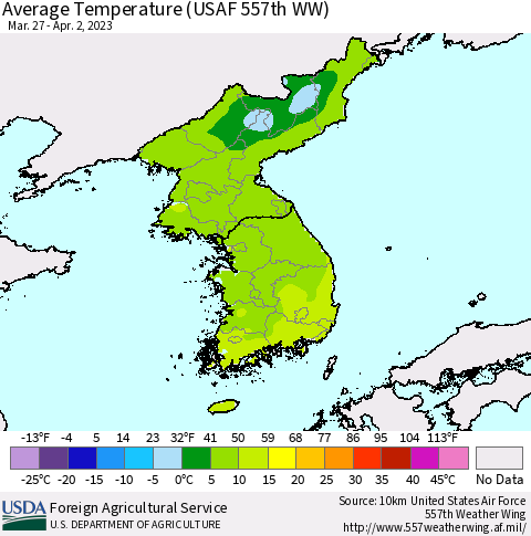 Korea Average Temperature (USAF 557th WW) Thematic Map For 3/27/2023 - 4/2/2023