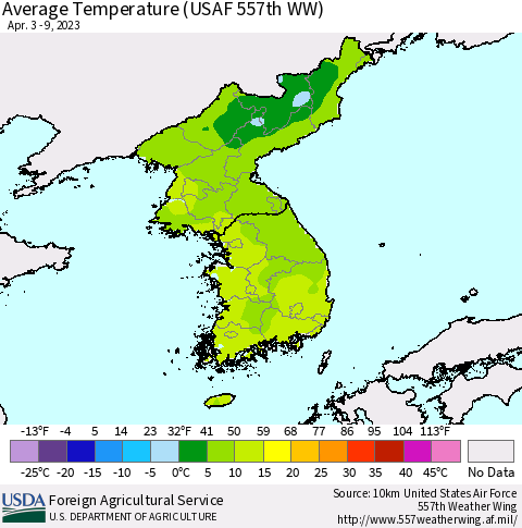 Korea Average Temperature (USAF 557th WW) Thematic Map For 4/3/2023 - 4/9/2023