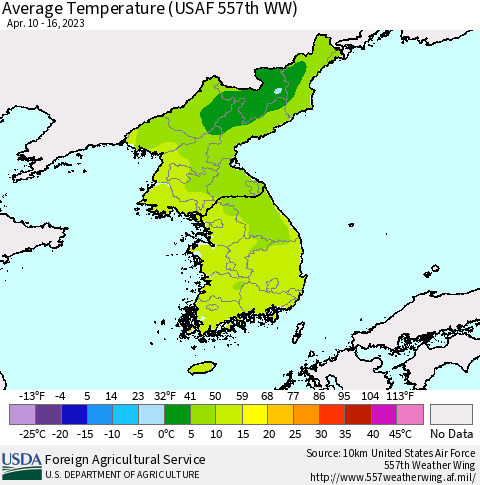 Korea Average Temperature (USAF 557th WW) Thematic Map For 4/10/2023 - 4/16/2023