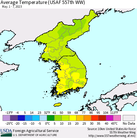 Korea Average Temperature (USAF 557th WW) Thematic Map For 5/1/2023 - 5/7/2023
