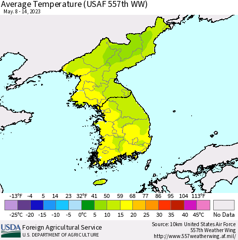 Korea Average Temperature (USAF 557th WW) Thematic Map For 5/8/2023 - 5/14/2023