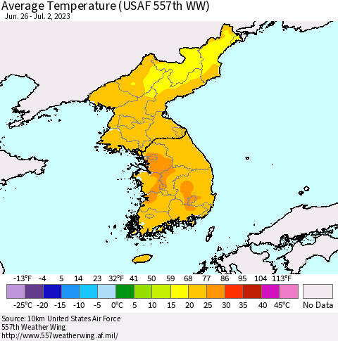 Korea Average Temperature (USAF 557th WW) Thematic Map For 6/26/2023 - 7/2/2023