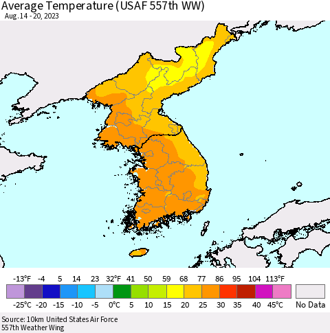 Korea Average Temperature (USAF 557th WW) Thematic Map For 8/14/2023 - 8/20/2023