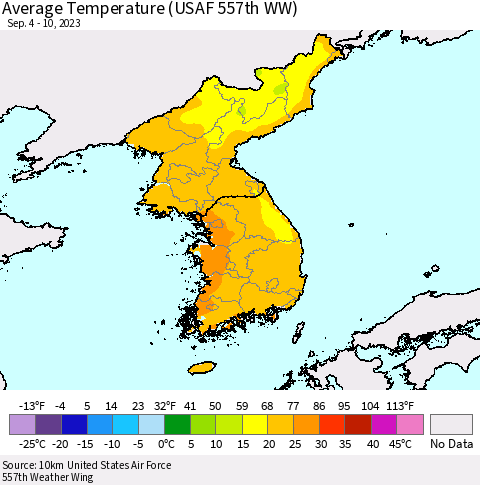 Korea Average Temperature (USAF 557th WW) Thematic Map For 9/4/2023 - 9/10/2023