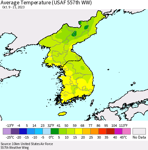 Korea Average Temperature (USAF 557th WW) Thematic Map For 10/9/2023 - 10/15/2023