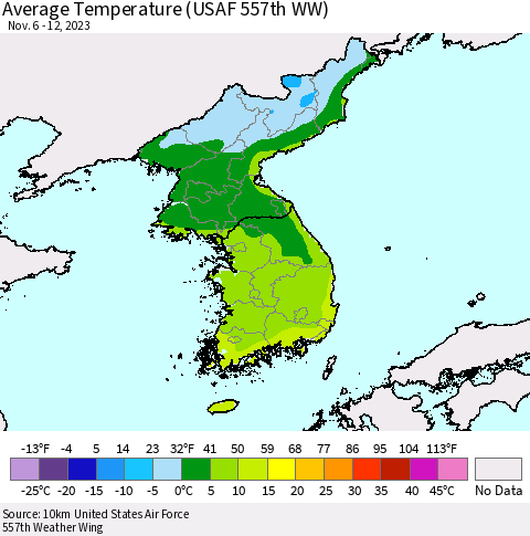 Korea Average Temperature (USAF 557th WW) Thematic Map For 11/6/2023 - 11/12/2023