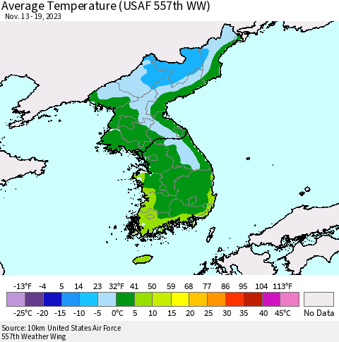 Korea Average Temperature (USAF 557th WW) Thematic Map For 11/13/2023 - 11/19/2023