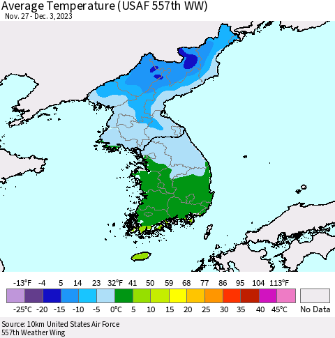 Korea Average Temperature (USAF 557th WW) Thematic Map For 11/27/2023 - 12/3/2023
