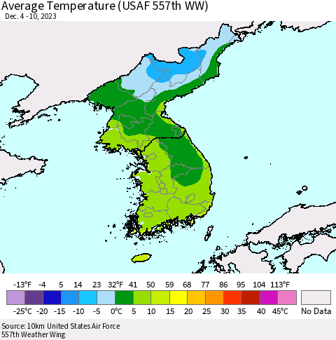 Korea Average Temperature (USAF 557th WW) Thematic Map For 12/4/2023 - 12/10/2023