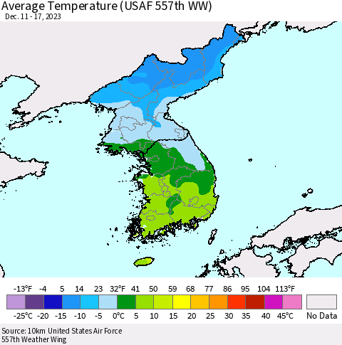 Korea Average Temperature (USAF 557th WW) Thematic Map For 12/11/2023 - 12/17/2023