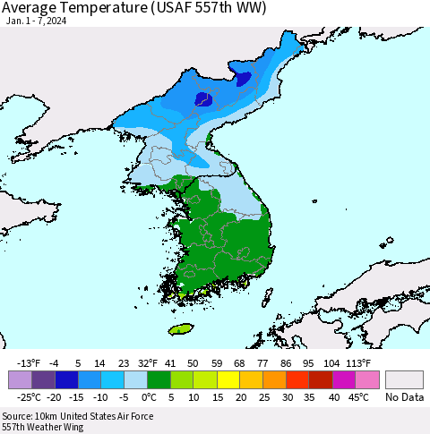 Korea Average Temperature (USAF 557th WW) Thematic Map For 1/1/2024 - 1/7/2024