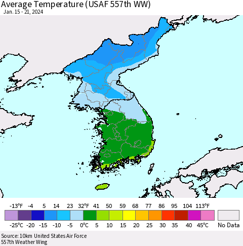 Korea Average Temperature (USAF 557th WW) Thematic Map For 1/15/2024 - 1/21/2024