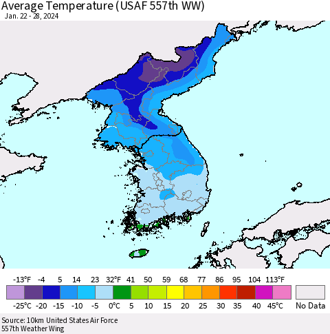Korea Average Temperature (USAF 557th WW) Thematic Map For 1/22/2024 - 1/28/2024