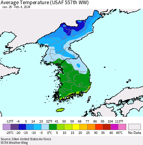 Korea Average Temperature (USAF 557th WW) Thematic Map For 1/29/2024 - 2/4/2024