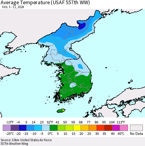 Korea Average Temperature (USAF 557th WW) Thematic Map For 2/5/2024 - 2/11/2024