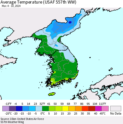 Korea Average Temperature (USAF 557th WW) Thematic Map For 3/4/2024 - 3/10/2024
