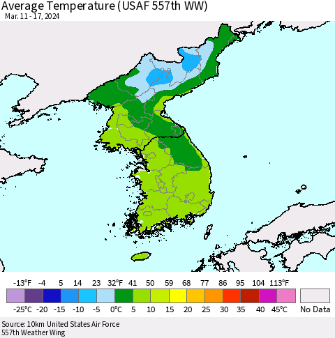 Korea Average Temperature (USAF 557th WW) Thematic Map For 3/11/2024 - 3/17/2024