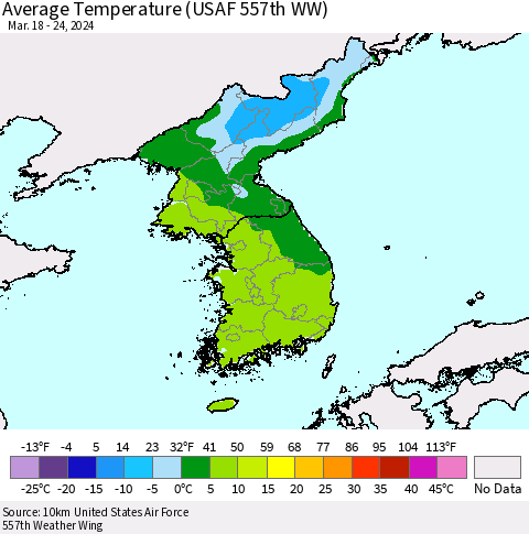 Korea Average Temperature (USAF 557th WW) Thematic Map For 3/18/2024 - 3/24/2024