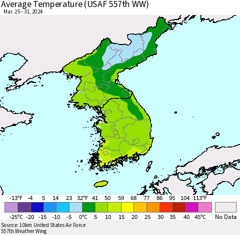 Korea Average Temperature (USAF 557th WW) Thematic Map For 3/25/2024 - 3/31/2024