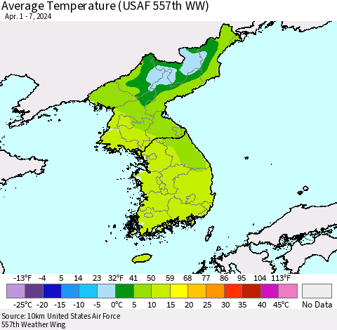 Korea Average Temperature (USAF 557th WW) Thematic Map For 4/1/2024 - 4/7/2024