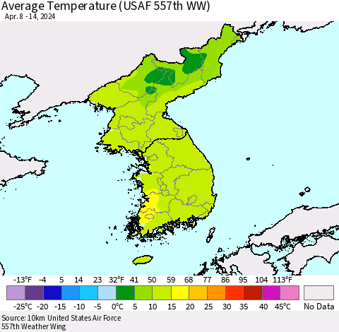 Korea Average Temperature (USAF 557th WW) Thematic Map For 4/8/2024 - 4/14/2024