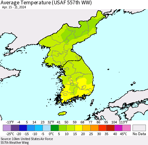 Korea Average Temperature (USAF 557th WW) Thematic Map For 4/15/2024 - 4/21/2024