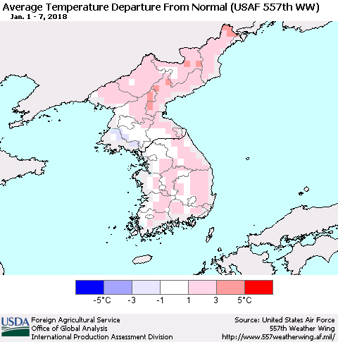 Korea Average Temperature Departure from Normal (USAF 557th WW) Thematic Map For 1/1/2018 - 1/7/2018