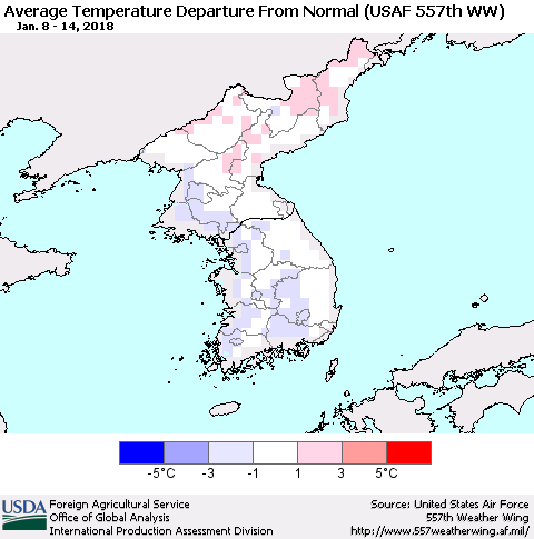 Korea Average Temperature Departure from Normal (USAF 557th WW) Thematic Map For 1/8/2018 - 1/14/2018