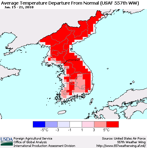 Korea Average Temperature Departure from Normal (USAF 557th WW) Thematic Map For 1/15/2018 - 1/21/2018