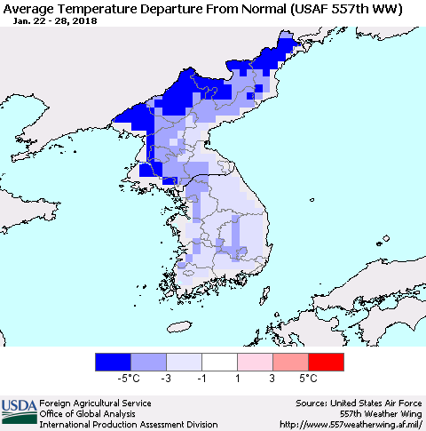 Korea Average Temperature Departure from Normal (USAF 557th WW) Thematic Map For 1/22/2018 - 1/28/2018