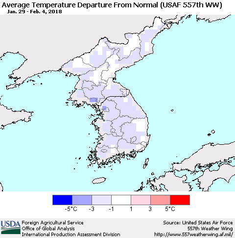 Korea Average Temperature Departure from Normal (USAF 557th WW) Thematic Map For 1/29/2018 - 2/4/2018