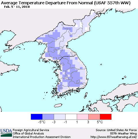 Korea Average Temperature Departure from Normal (USAF 557th WW) Thematic Map For 2/5/2018 - 2/11/2018