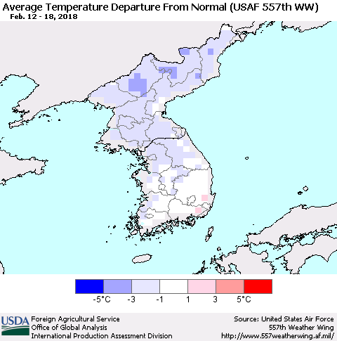 Korea Average Temperature Departure from Normal (USAF 557th WW) Thematic Map For 2/12/2018 - 2/18/2018