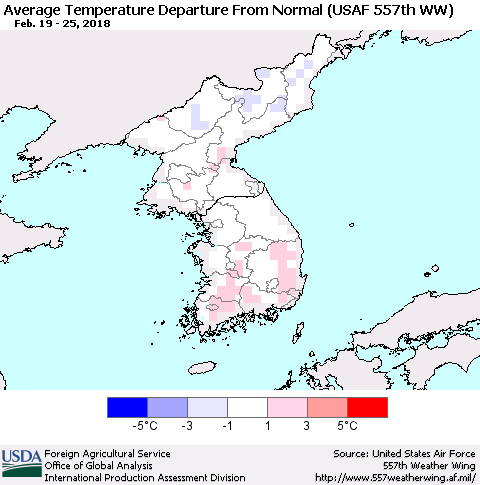 Korea Average Temperature Departure from Normal (USAF 557th WW) Thematic Map For 2/19/2018 - 2/25/2018