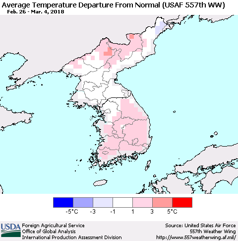 Korea Average Temperature Departure from Normal (USAF 557th WW) Thematic Map For 2/26/2018 - 3/4/2018