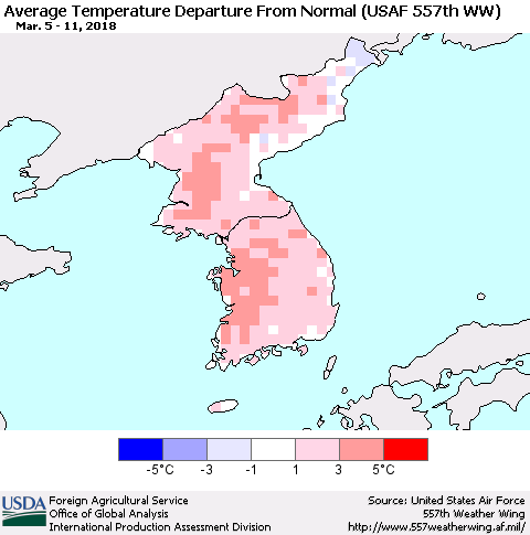 Korea Average Temperature Departure from Normal (USAF 557th WW) Thematic Map For 3/5/2018 - 3/11/2018