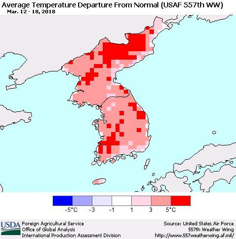 Korea Average Temperature Departure from Normal (USAF 557th WW) Thematic Map For 3/12/2018 - 3/18/2018