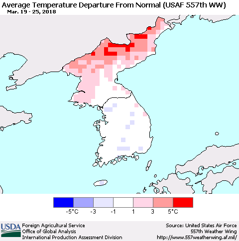 Korea Average Temperature Departure from Normal (USAF 557th WW) Thematic Map For 3/19/2018 - 3/25/2018