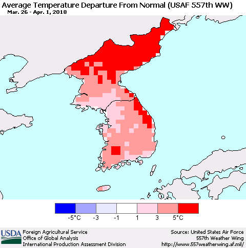Korea Average Temperature Departure from Normal (USAF 557th WW) Thematic Map For 3/26/2018 - 4/1/2018