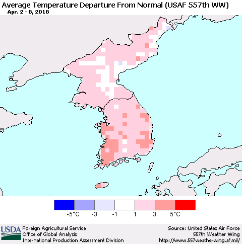 Korea Average Temperature Departure from Normal (USAF 557th WW) Thematic Map For 4/2/2018 - 4/8/2018