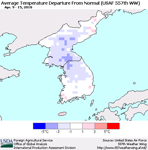 Korea Average Temperature Departure from Normal (USAF 557th WW) Thematic Map For 4/9/2018 - 4/15/2018