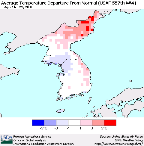 Korea Average Temperature Departure from Normal (USAF 557th WW) Thematic Map For 4/16/2018 - 4/22/2018