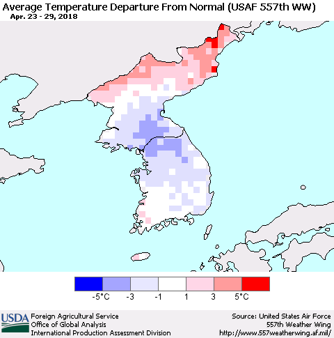 Korea Average Temperature Departure from Normal (USAF 557th WW) Thematic Map For 4/23/2018 - 4/29/2018