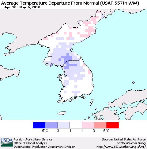 Korea Average Temperature Departure from Normal (USAF 557th WW) Thematic Map For 4/30/2018 - 5/6/2018